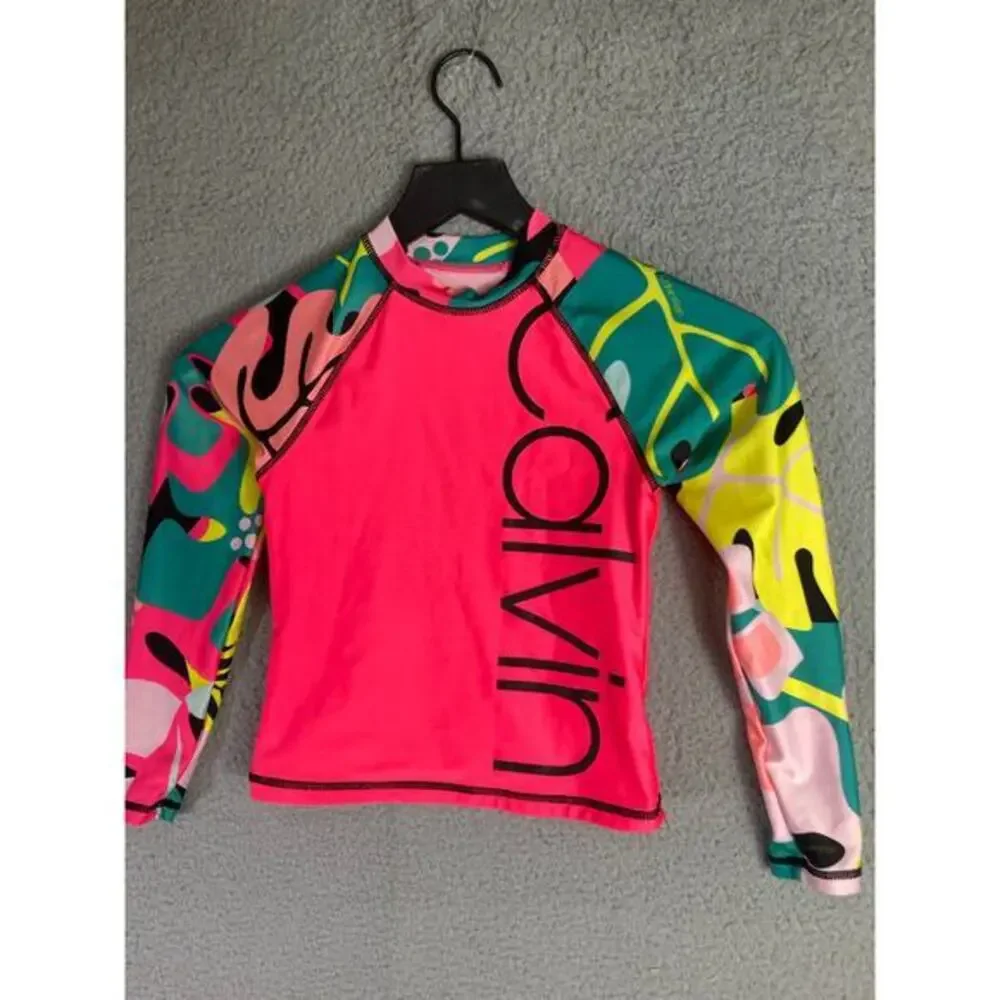 Calvin Klein Girls Rash Guard Swim Top S Pink Long Sleeve UV Protection 7 Beach